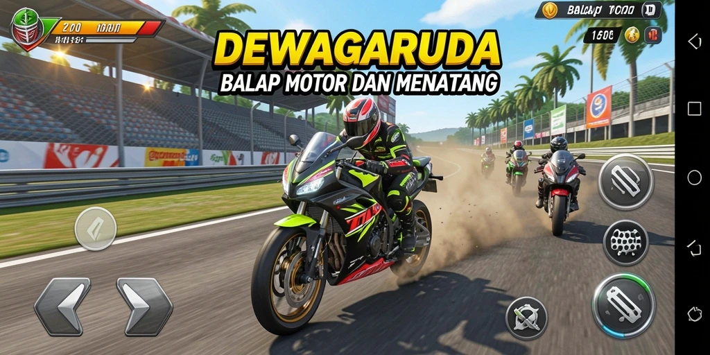 Tampilan antarmuka balap motor yang menarik dan interaktif.