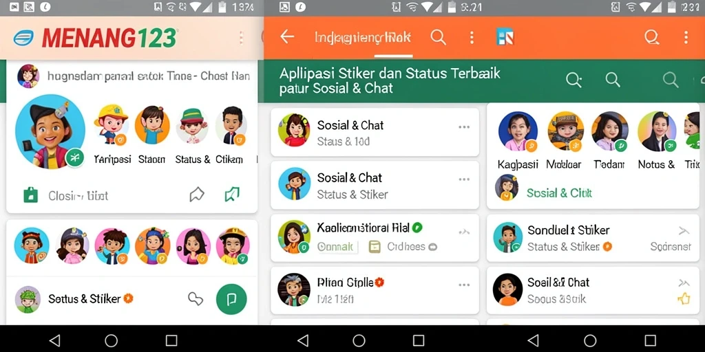 Antarmuka aplikasi MENANG123 dengan beragam stiker menarik untuk chat.