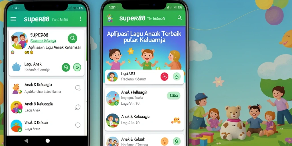 Antarmuka aplikasi SUPER88 menampilkan koleksi lagu anak yang menyenangkan.